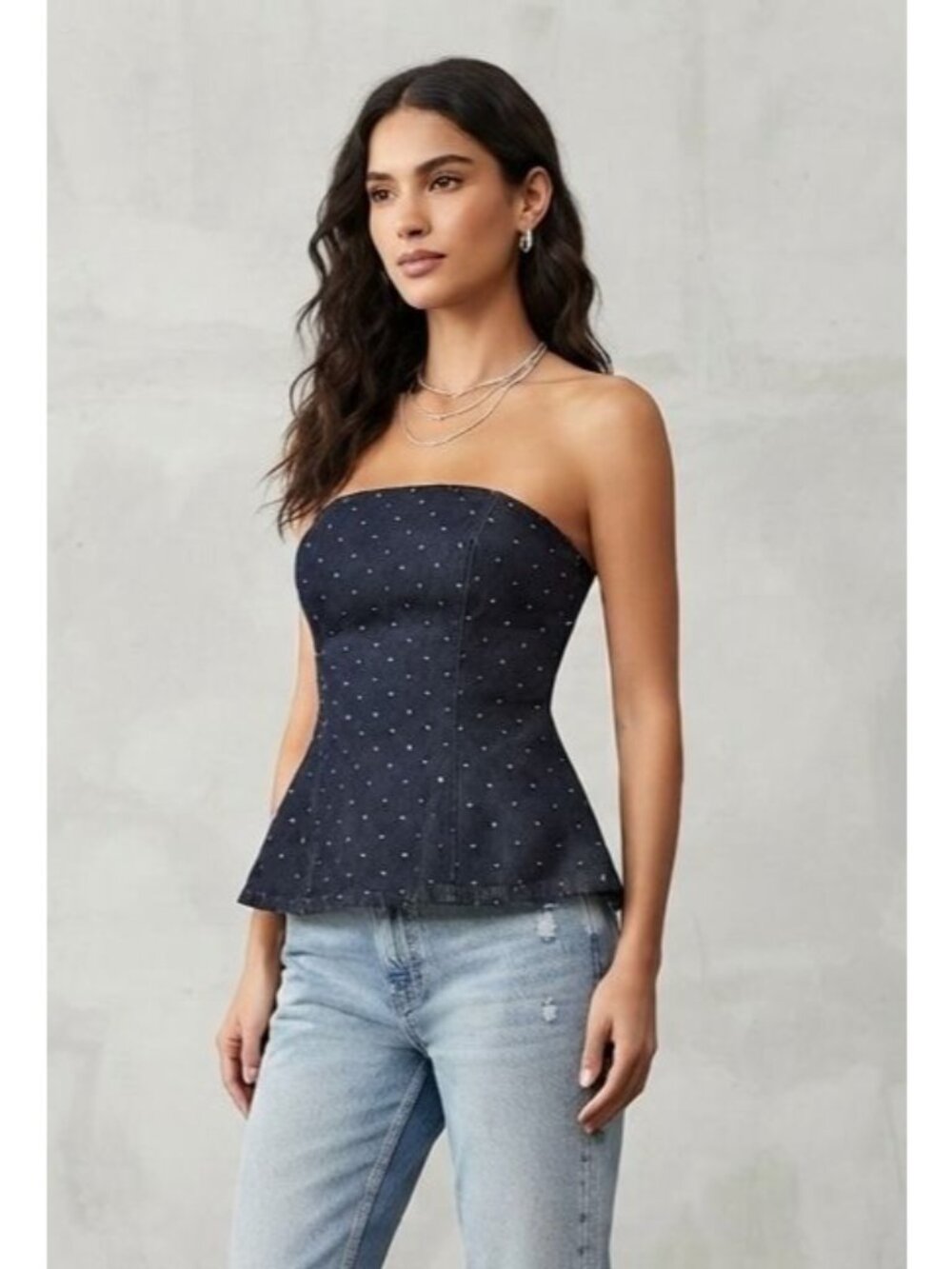 Women's - Zara Blue Denim Studded Strapless Top, Size Medium